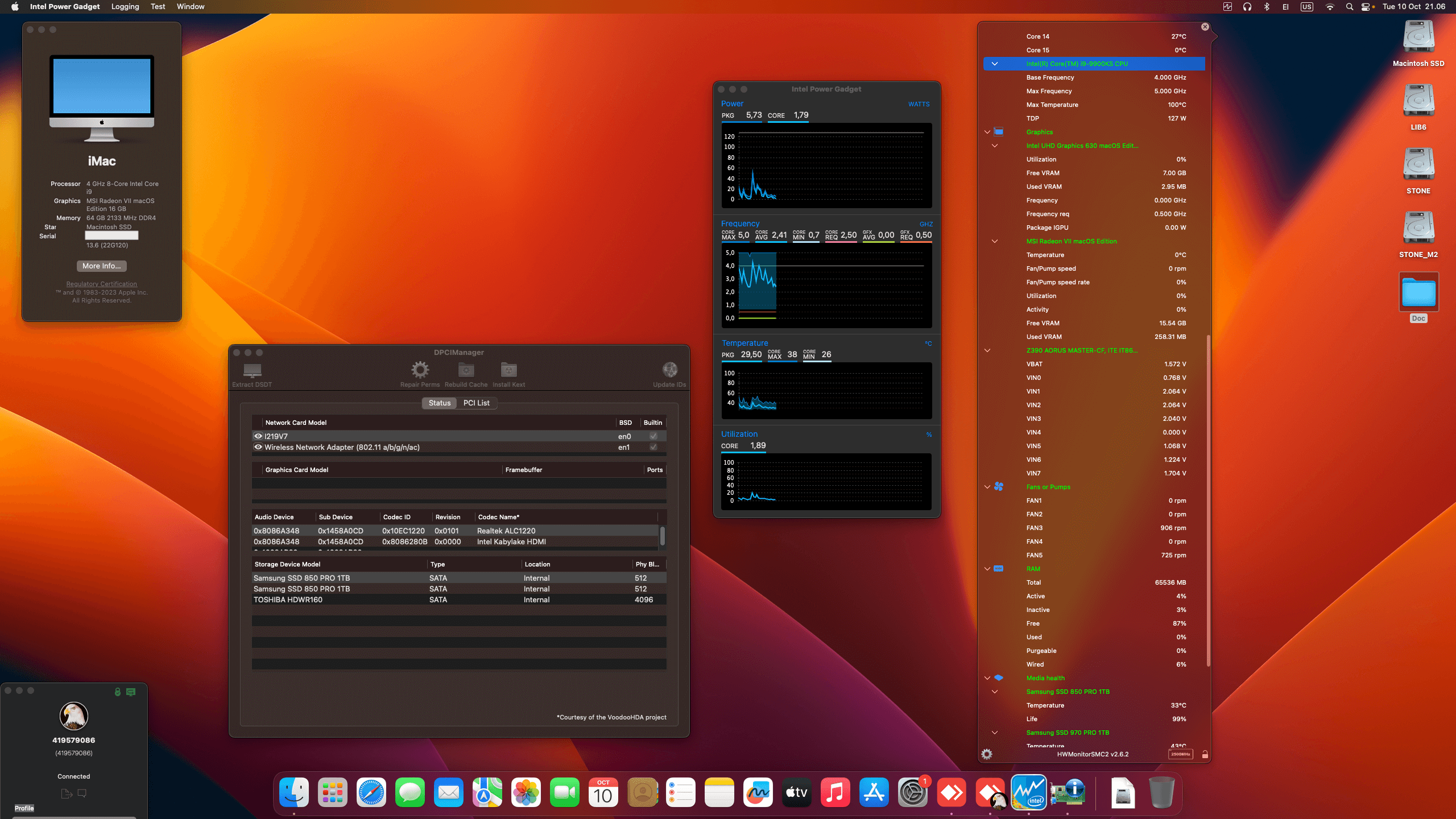 Success Hackintosh macOS Ventura 13.6 Build 22G120 in Gigabyte Z390 Aorus Master + Intel Core i9 9900KS + MSI Radeon VII
